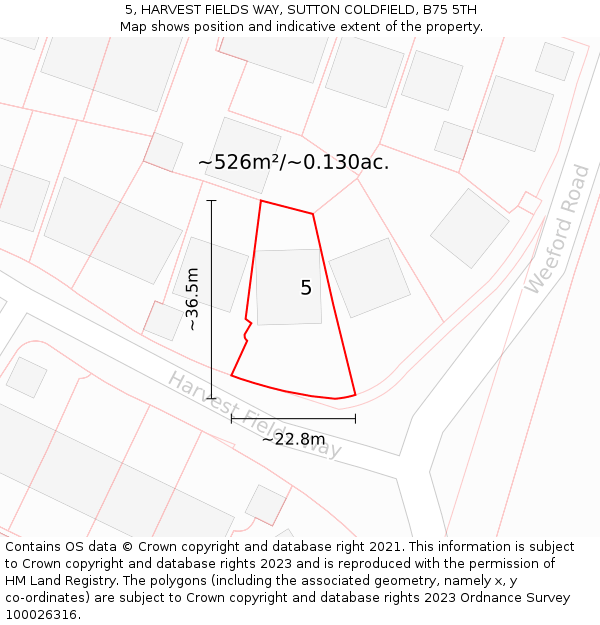 5, HARVEST FIELDS WAY, SUTTON COLDFIELD, B75 5TH: Plot and title map