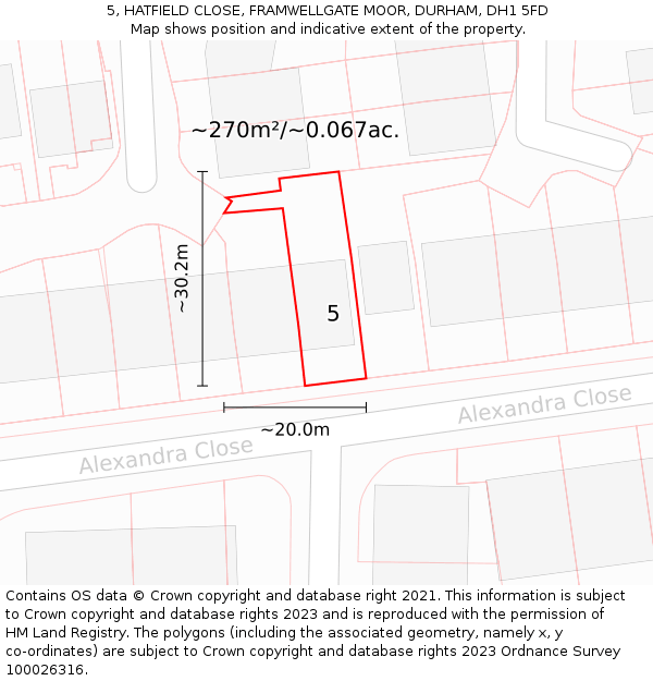 5, HATFIELD CLOSE, FRAMWELLGATE MOOR, DURHAM, DH1 5FD: Plot and title map
