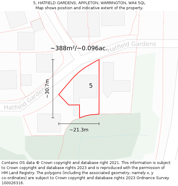 5, HATFIELD GARDENS, APPLETON, WARRINGTON, WA4 5QL: Plot and title map
