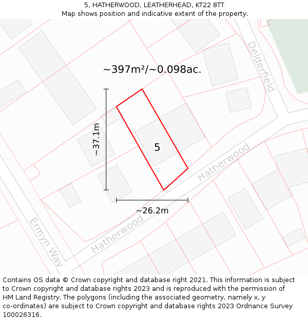 5, HATHERWOOD, LEATHERHEAD, KT22 8TT: Plot and title map
