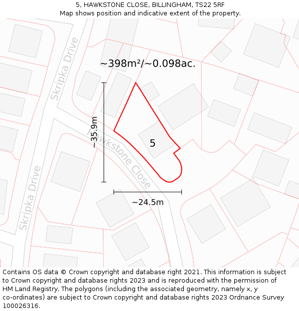 5, HAWKSTONE CLOSE, BILLINGHAM, TS22 5RF: Plot and title map