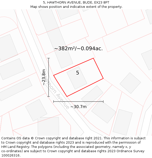 5, HAWTHORN AVENUE, BUDE, EX23 8PT: Plot and title map