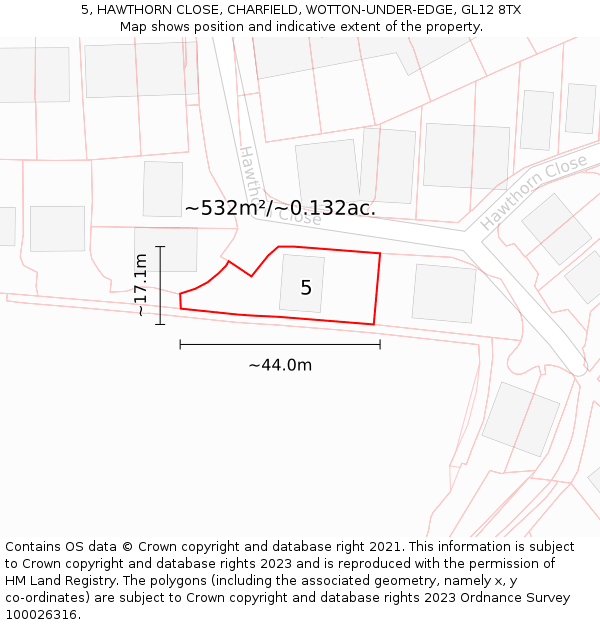 5, HAWTHORN CLOSE, CHARFIELD, WOTTON-UNDER-EDGE, GL12 8TX: Plot and title map