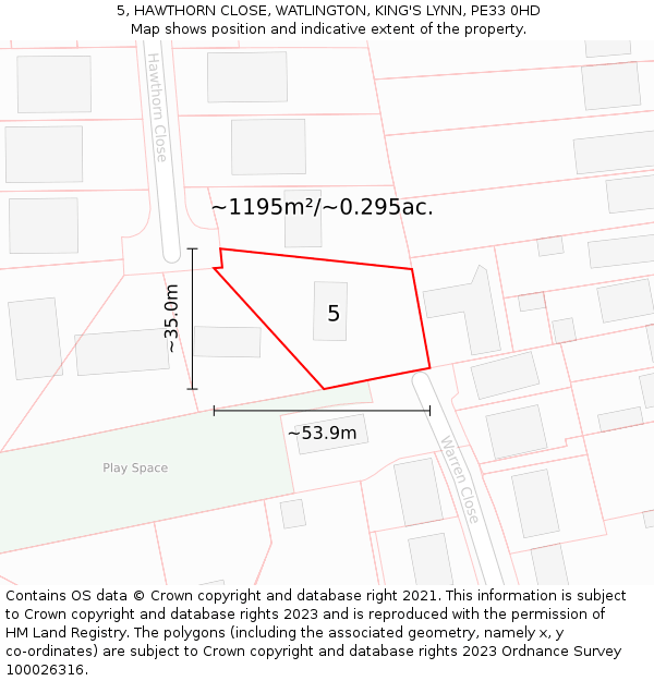 5, HAWTHORN CLOSE, WATLINGTON, KING'S LYNN, PE33 0HD: Plot and title map