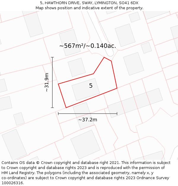 5, HAWTHORN DRIVE, SWAY, LYMINGTON, SO41 6DX: Plot and title map