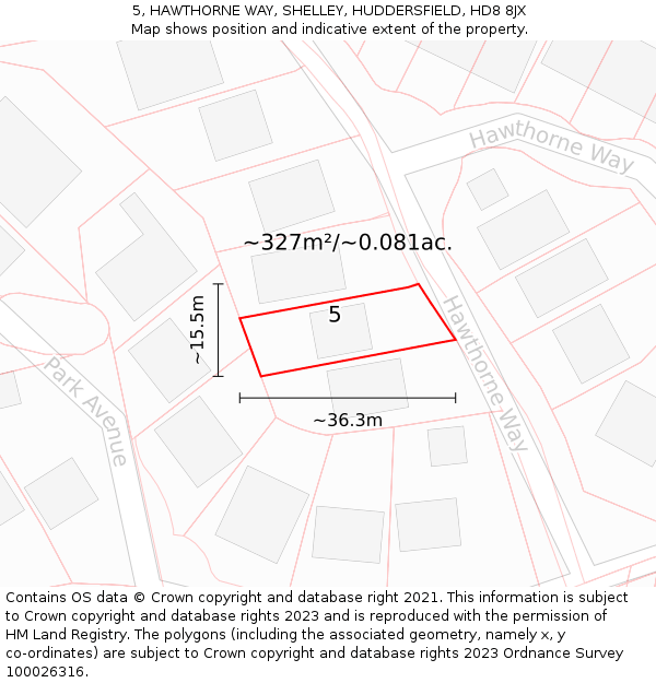 5, HAWTHORNE WAY, SHELLEY, HUDDERSFIELD, HD8 8JX: Plot and title map
