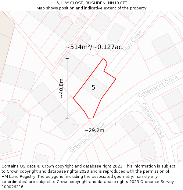 5, HAY CLOSE, RUSHDEN, NN10 0TT: Plot and title map