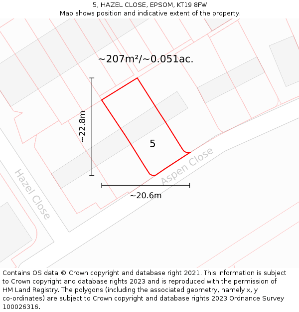 5, HAZEL CLOSE, EPSOM, KT19 8FW: Plot and title map