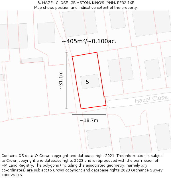 5, HAZEL CLOSE, GRIMSTON, KING'S LYNN, PE32 1XE: Plot and title map