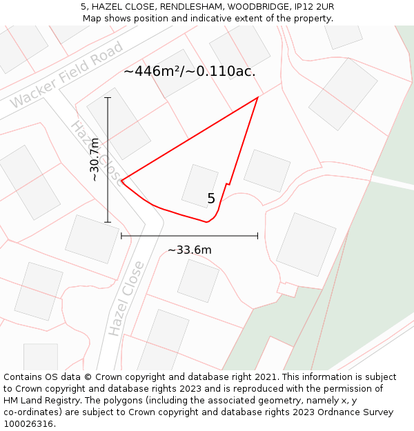 5, HAZEL CLOSE, RENDLESHAM, WOODBRIDGE, IP12 2UR: Plot and title map