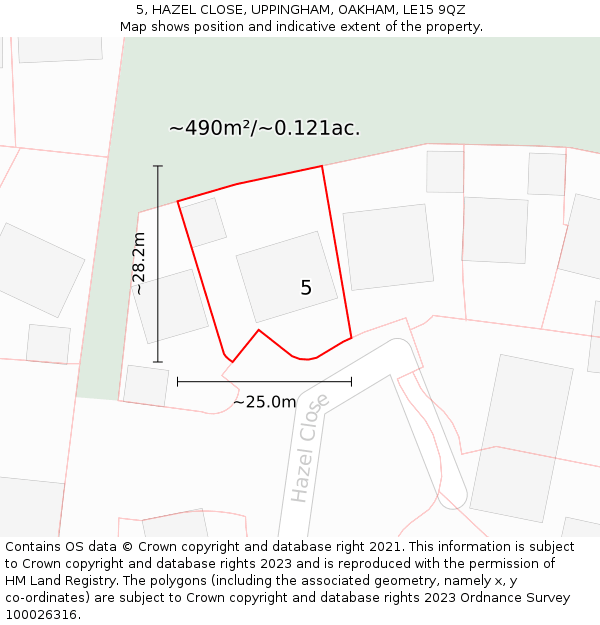 5, HAZEL CLOSE, UPPINGHAM, OAKHAM, LE15 9QZ: Plot and title map