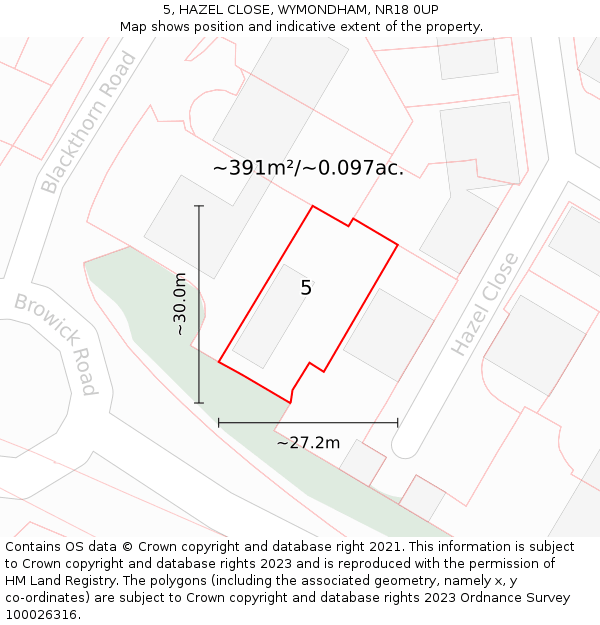5, HAZEL CLOSE, WYMONDHAM, NR18 0UP: Plot and title map