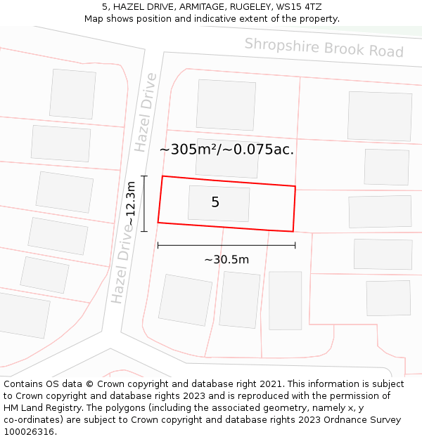 5, HAZEL DRIVE, ARMITAGE, RUGELEY, WS15 4TZ: Plot and title map