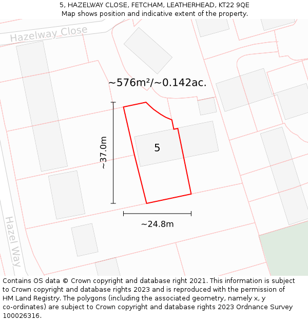 5, HAZELWAY CLOSE, FETCHAM, LEATHERHEAD, KT22 9QE: Plot and title map