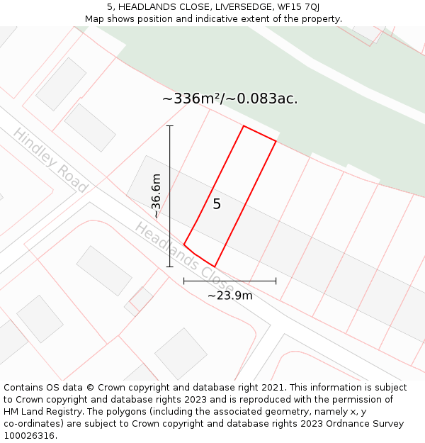 5, HEADLANDS CLOSE, LIVERSEDGE, WF15 7QJ: Plot and title map