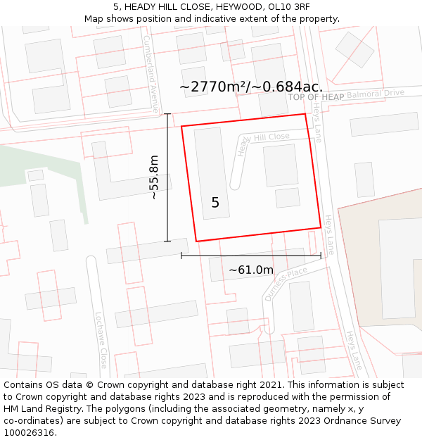 5, HEADY HILL CLOSE, HEYWOOD, OL10 3RF: Plot and title map