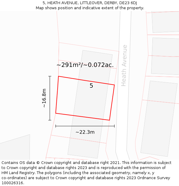 5, HEATH AVENUE, LITTLEOVER, DERBY, DE23 6DJ: Plot and title map