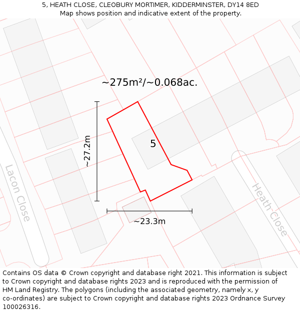 5, HEATH CLOSE, CLEOBURY MORTIMER, KIDDERMINSTER, DY14 8ED: Plot and title map