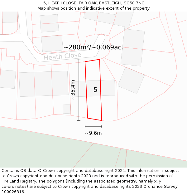 5, HEATH CLOSE, FAIR OAK, EASTLEIGH, SO50 7NG: Plot and title map