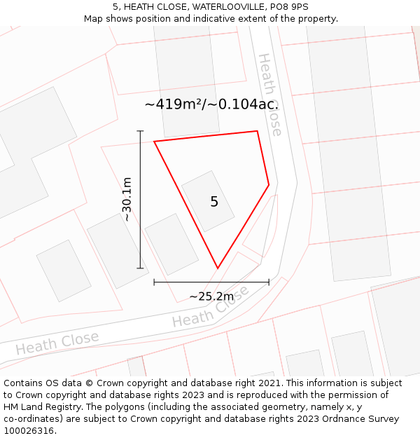5, HEATH CLOSE, WATERLOOVILLE, PO8 9PS: Plot and title map