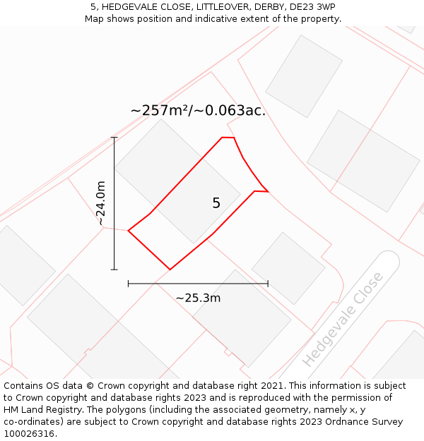 5, HEDGEVALE CLOSE, LITTLEOVER, DERBY, DE23 3WP: Plot and title map