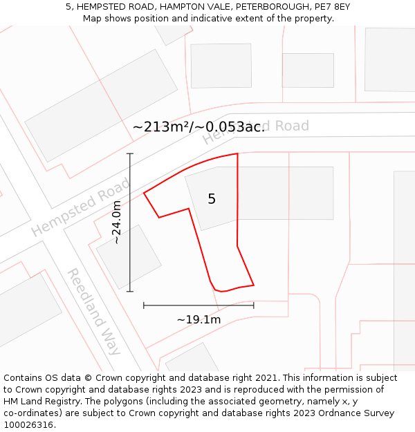 5, HEMPSTED ROAD, HAMPTON VALE, PETERBOROUGH, PE7 8EY: Plot and title map
