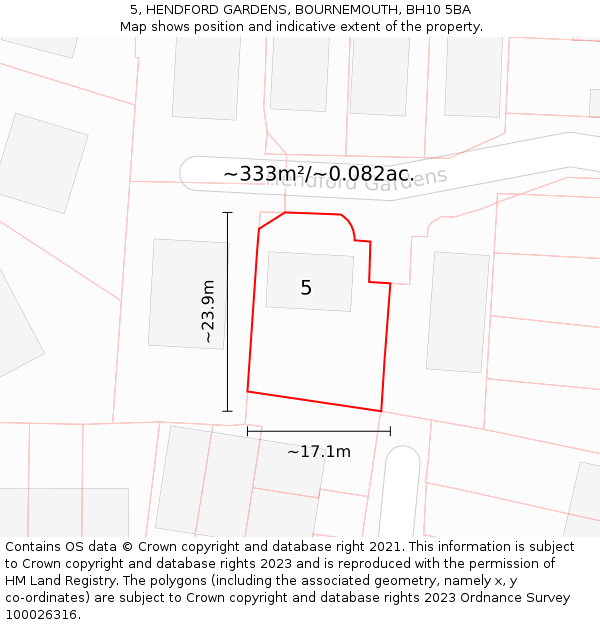 5, HENDFORD GARDENS, BOURNEMOUTH, BH10 5BA: Plot and title map