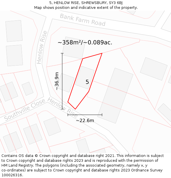 5, HENLOW RISE, SHREWSBURY, SY3 6BJ: Plot and title map
