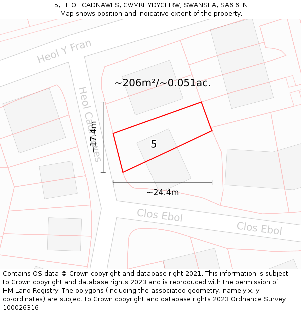 5, HEOL CADNAWES, CWMRHYDYCEIRW, SWANSEA, SA6 6TN: Plot and title map