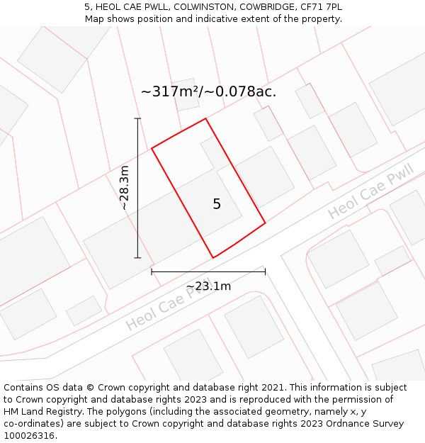 5, HEOL CAE PWLL, COLWINSTON, COWBRIDGE, CF71 7PL: Plot and title map