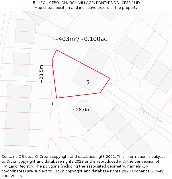 5, HEOL Y FRO, CHURCH VILLAGE, PONTYPRIDD, CF38 1UD: Plot and title map