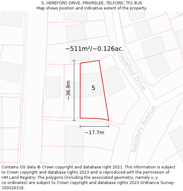 5, HEREFORD DRIVE, PRIORSLEE, TELFORD, TF2 9US: Plot and title map