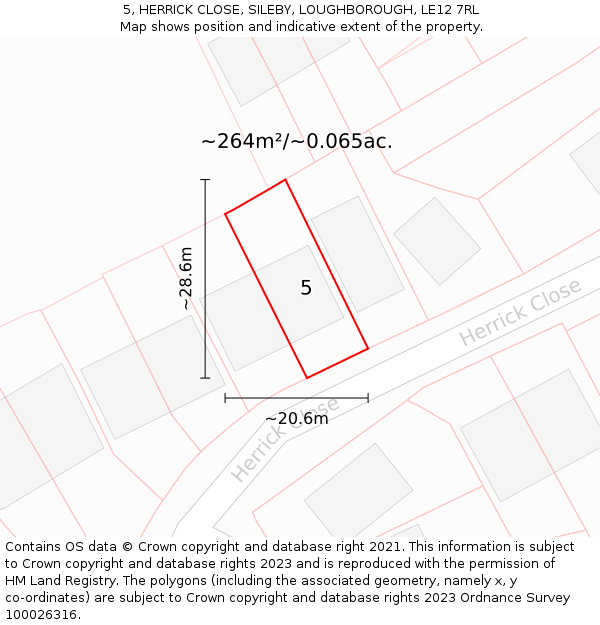 5, HERRICK CLOSE, SILEBY, LOUGHBOROUGH, LE12 7RL: Plot and title map