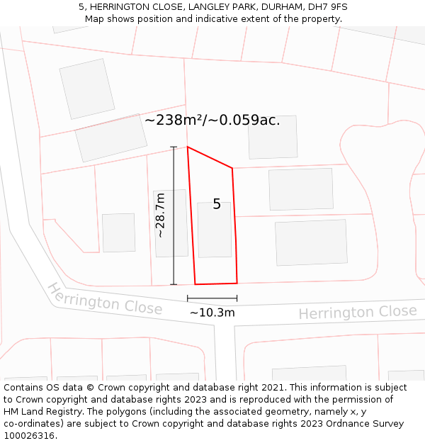 5, HERRINGTON CLOSE, LANGLEY PARK, DURHAM, DH7 9FS: Plot and title map