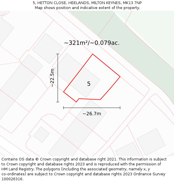 5, HETTON CLOSE, HEELANDS, MILTON KEYNES, MK13 7NP: Plot and title map