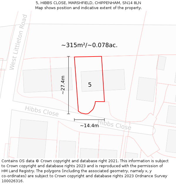 5, HIBBS CLOSE, MARSHFIELD, CHIPPENHAM, SN14 8LN: Plot and title map