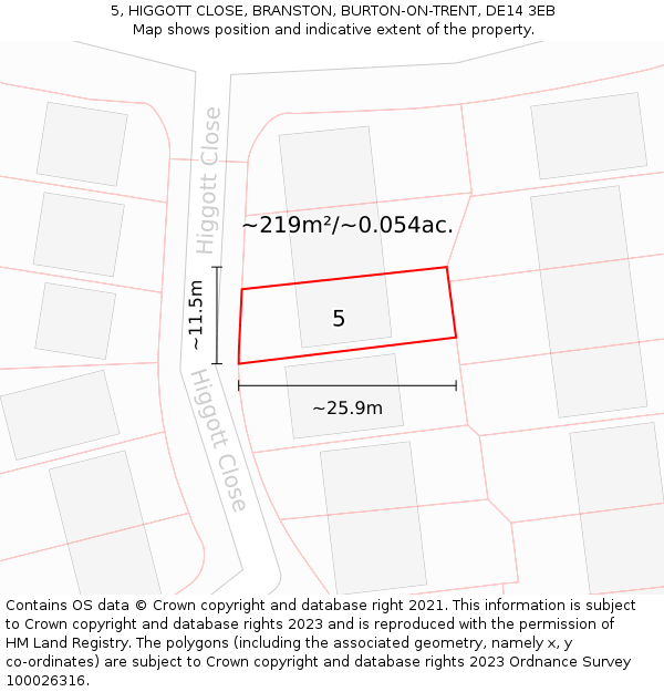 5, HIGGOTT CLOSE, BRANSTON, BURTON-ON-TRENT, DE14 3EB: Plot and title map