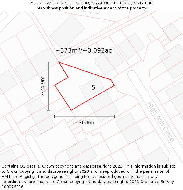5, HIGH ASH CLOSE, LINFORD, STANFORD-LE-HOPE, SS17 0RB: Plot and title map
