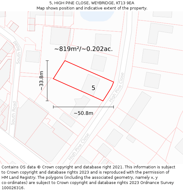5, HIGH PINE CLOSE, WEYBRIDGE, KT13 9EA: Plot and title map