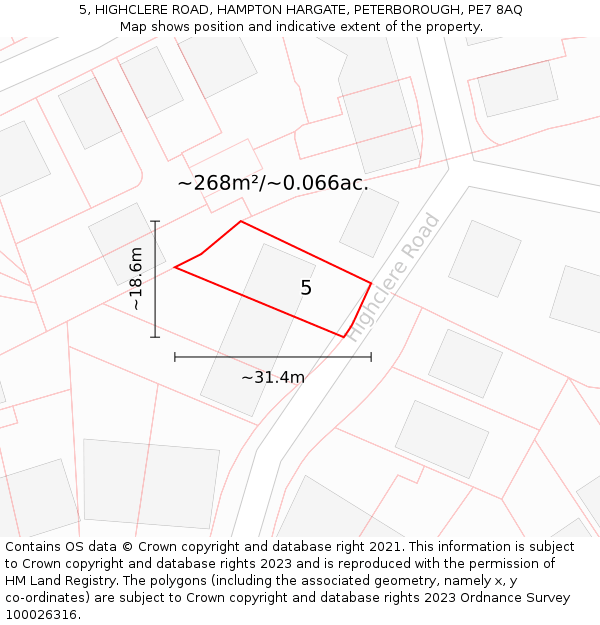 5, HIGHCLERE ROAD, HAMPTON HARGATE, PETERBOROUGH, PE7 8AQ: Plot and title map