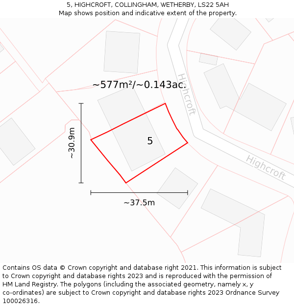 5, HIGHCROFT, COLLINGHAM, WETHERBY, LS22 5AH: Plot and title map