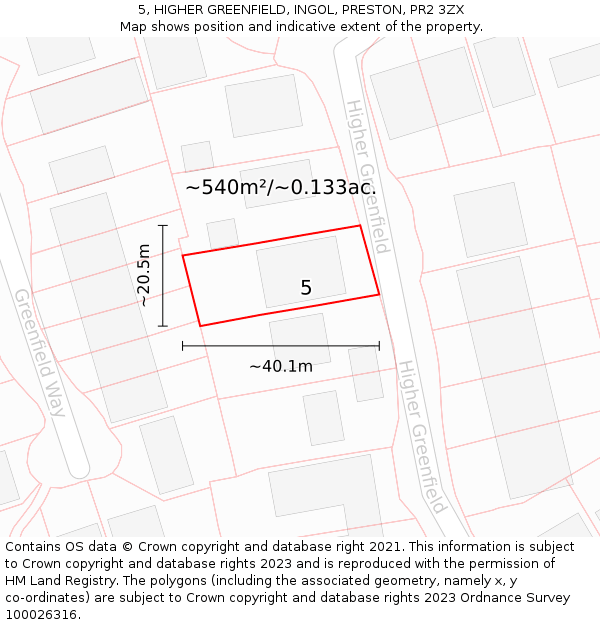 5, HIGHER GREENFIELD, INGOL, PRESTON, PR2 3ZX: Plot and title map
