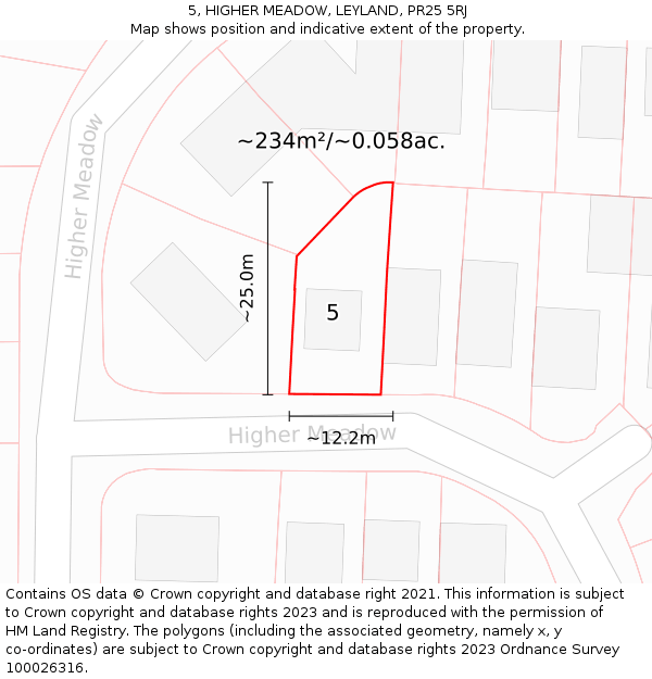 5, HIGHER MEADOW, LEYLAND, PR25 5RJ: Plot and title map