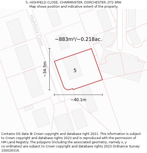 5, HIGHFIELD CLOSE, CHARMINSTER, DORCHESTER, DT2 9RW: Plot and title map
