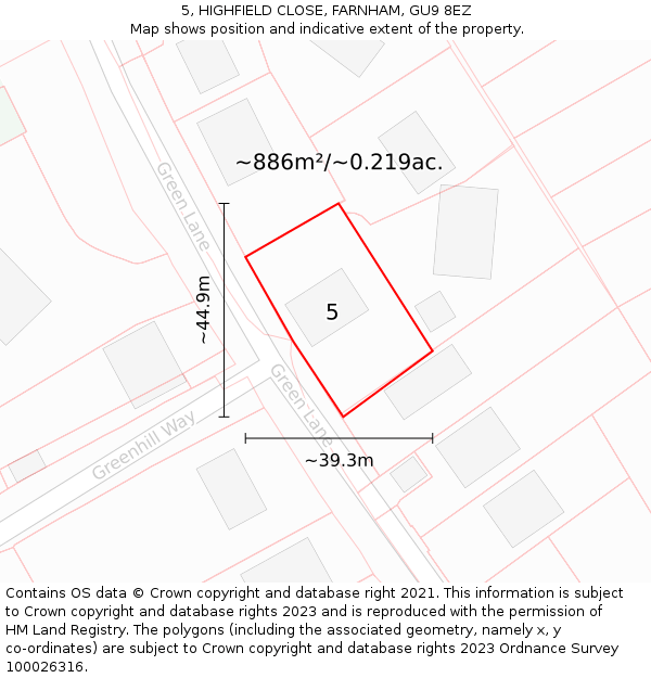 5, HIGHFIELD CLOSE, FARNHAM, GU9 8EZ: Plot and title map