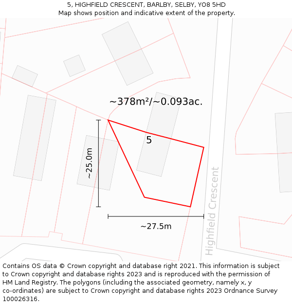 5, HIGHFIELD CRESCENT, BARLBY, SELBY, YO8 5HD: Plot and title map