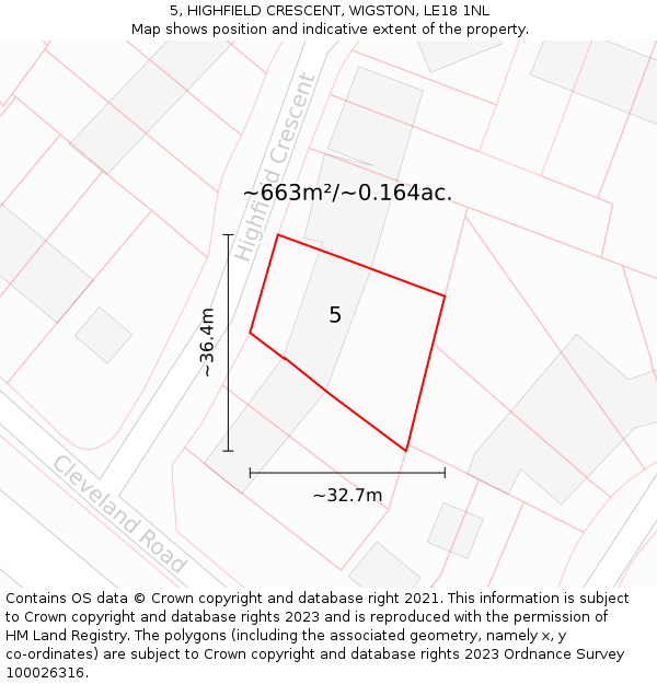 5, HIGHFIELD CRESCENT, WIGSTON, LE18 1NL: Plot and title map