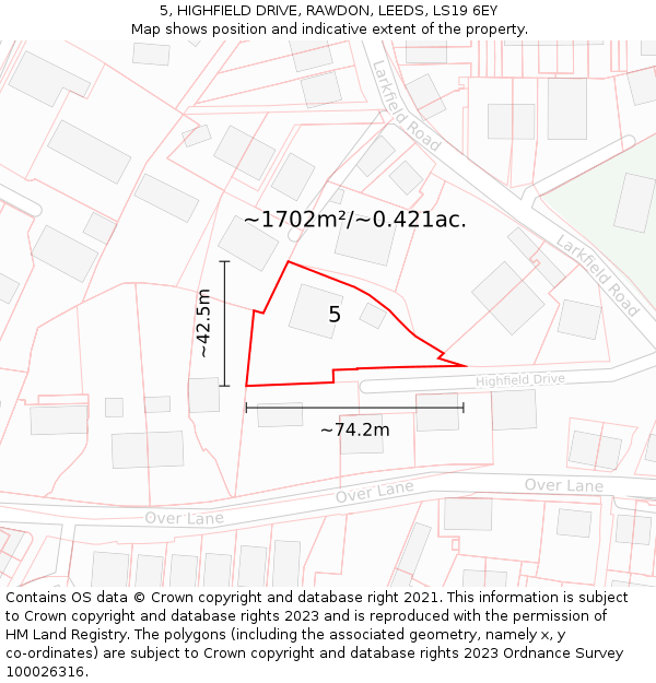 5, HIGHFIELD DRIVE, RAWDON, LEEDS, LS19 6EY: Plot and title map