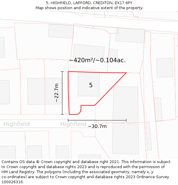 5, HIGHFIELD, LAPFORD, CREDITON, EX17 6PY: Plot and title map
