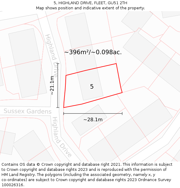 5, HIGHLAND DRIVE, FLEET, GU51 2TH: Plot and title map